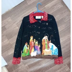 Design Options beautiful manger scene Christmas sweater, cardigan .size L